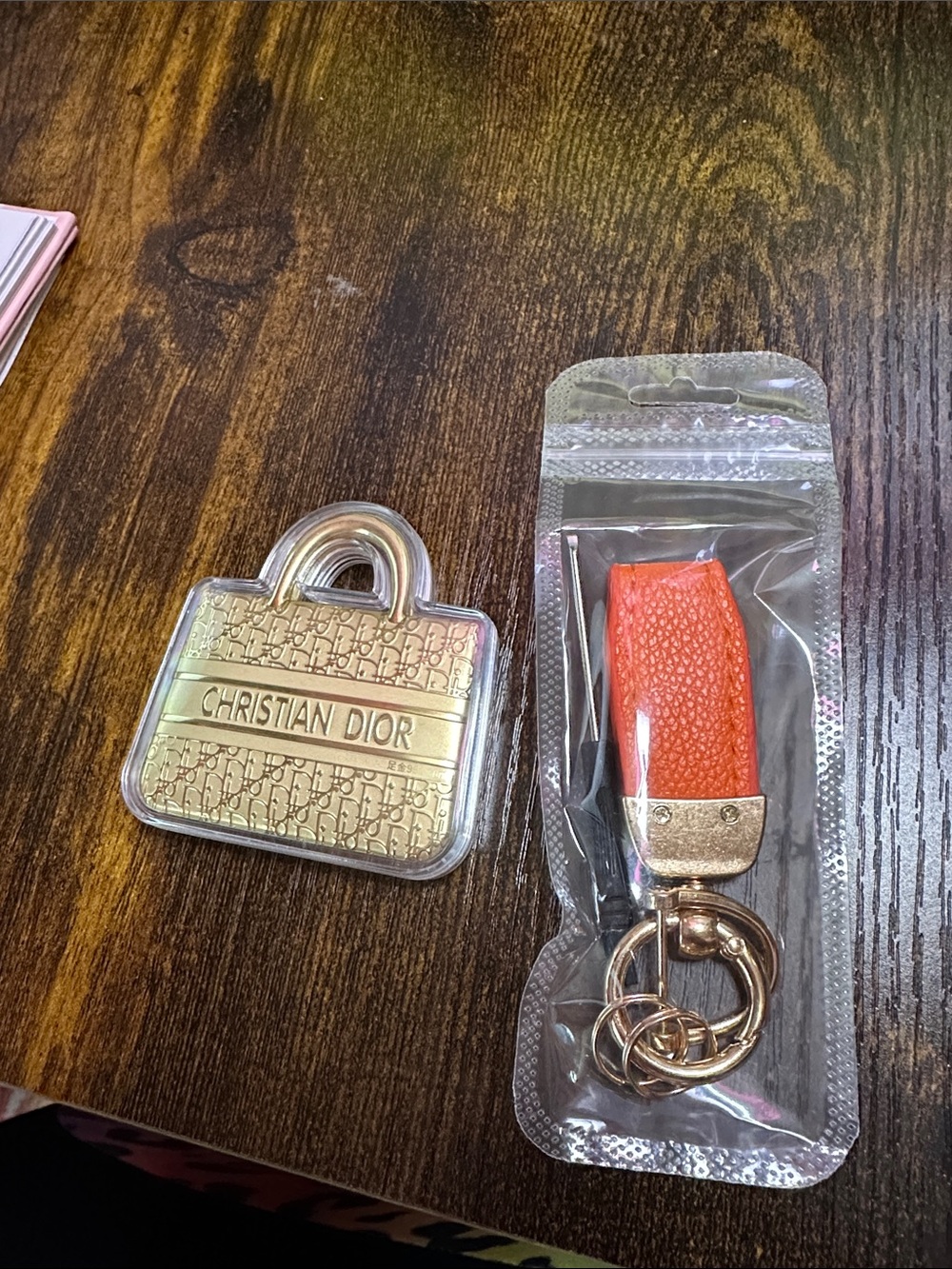 Dior Orange Leather Key & Ring Holder with Gold-Tone Hardware